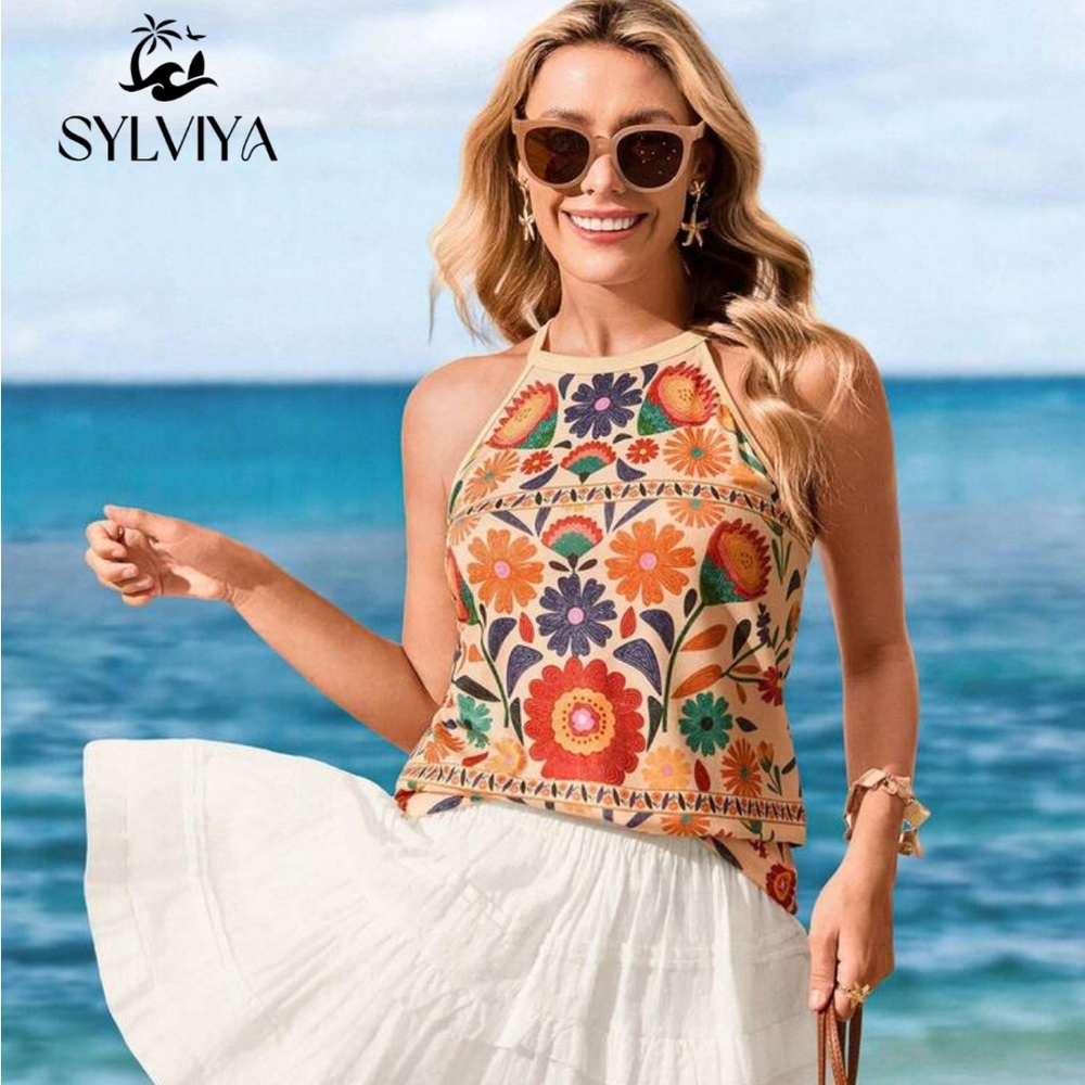 Floral Halter Tank Top in Beige with Multicolor Embroidery